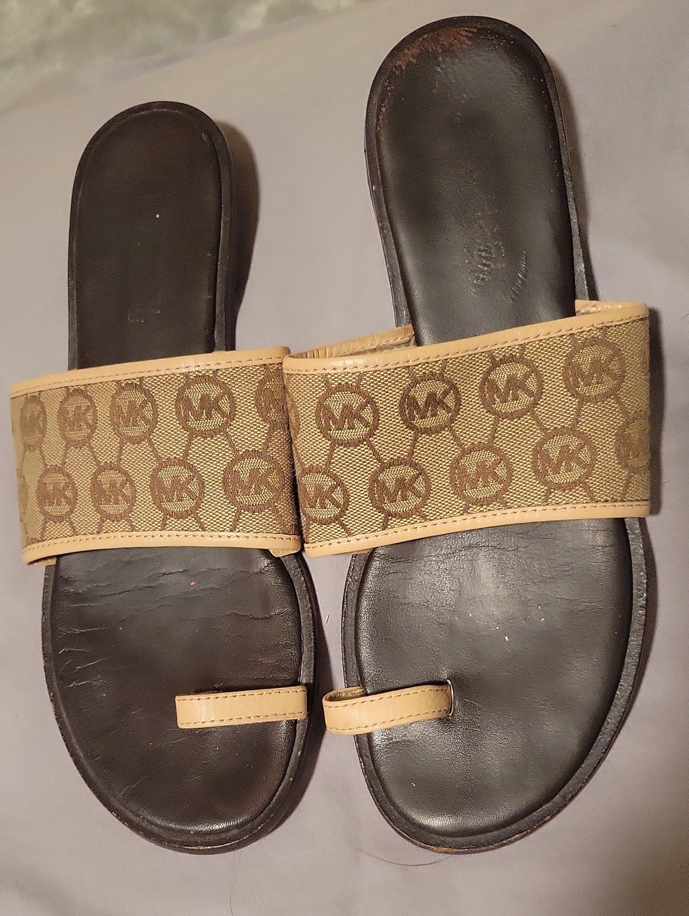 Michael Kors Tan & Dark Brown MK Logo Slide Sandals